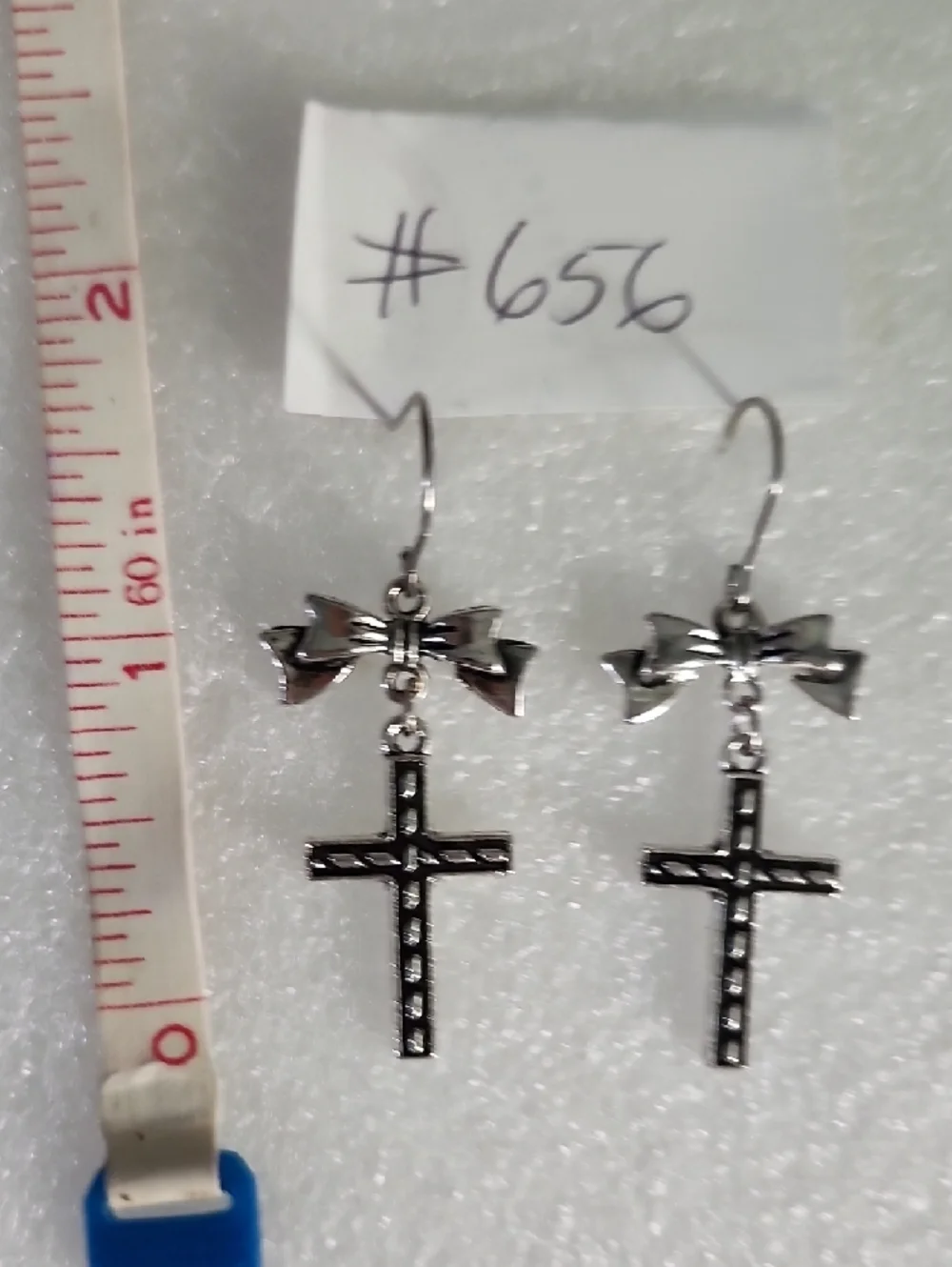 Hand Crafted Silver Bow & Cross Dangle Earrings